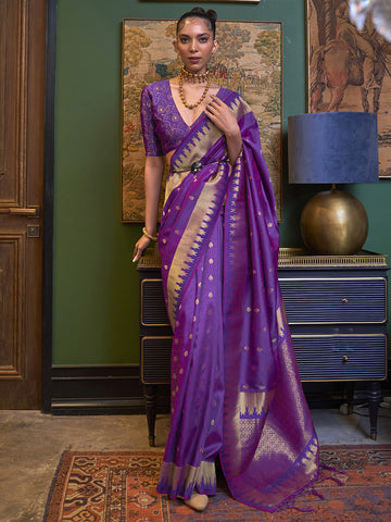 Women's Banarasi Silk Designer Saree With Unstitched Blouse - Purple