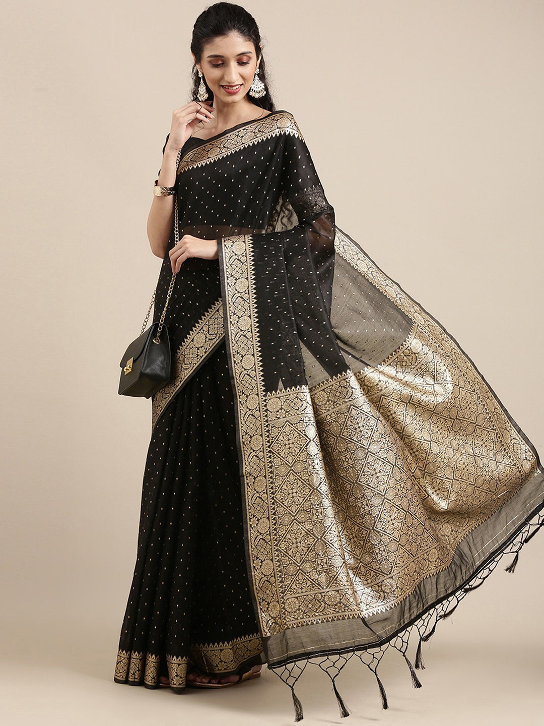 Women's Woven Banarasi Silk Design Saree With Unstitched - Black