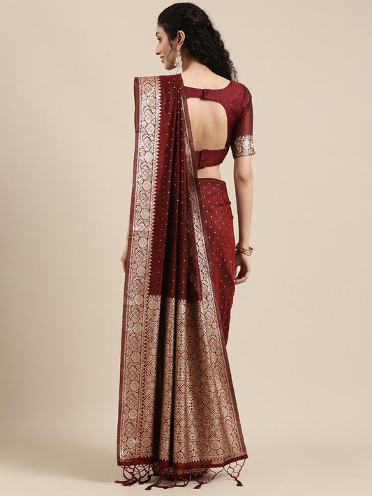Women's Woven Banarasi Silk Design Saree With Unstitched - Maroon