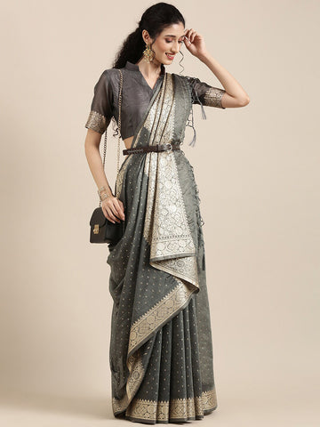 Women's Woven Banarasi Silk Design Saree With Unstitched - Grey