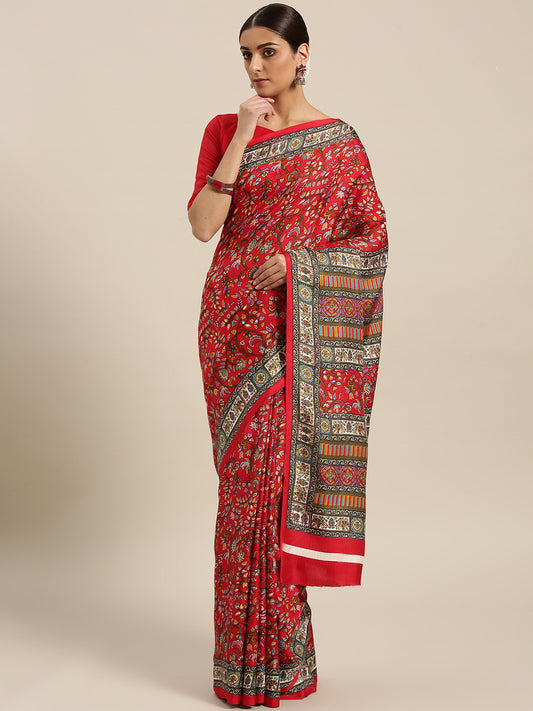 Women's Silk Blend Floral Digital Printed Saree With Unstitched Blouse - Red