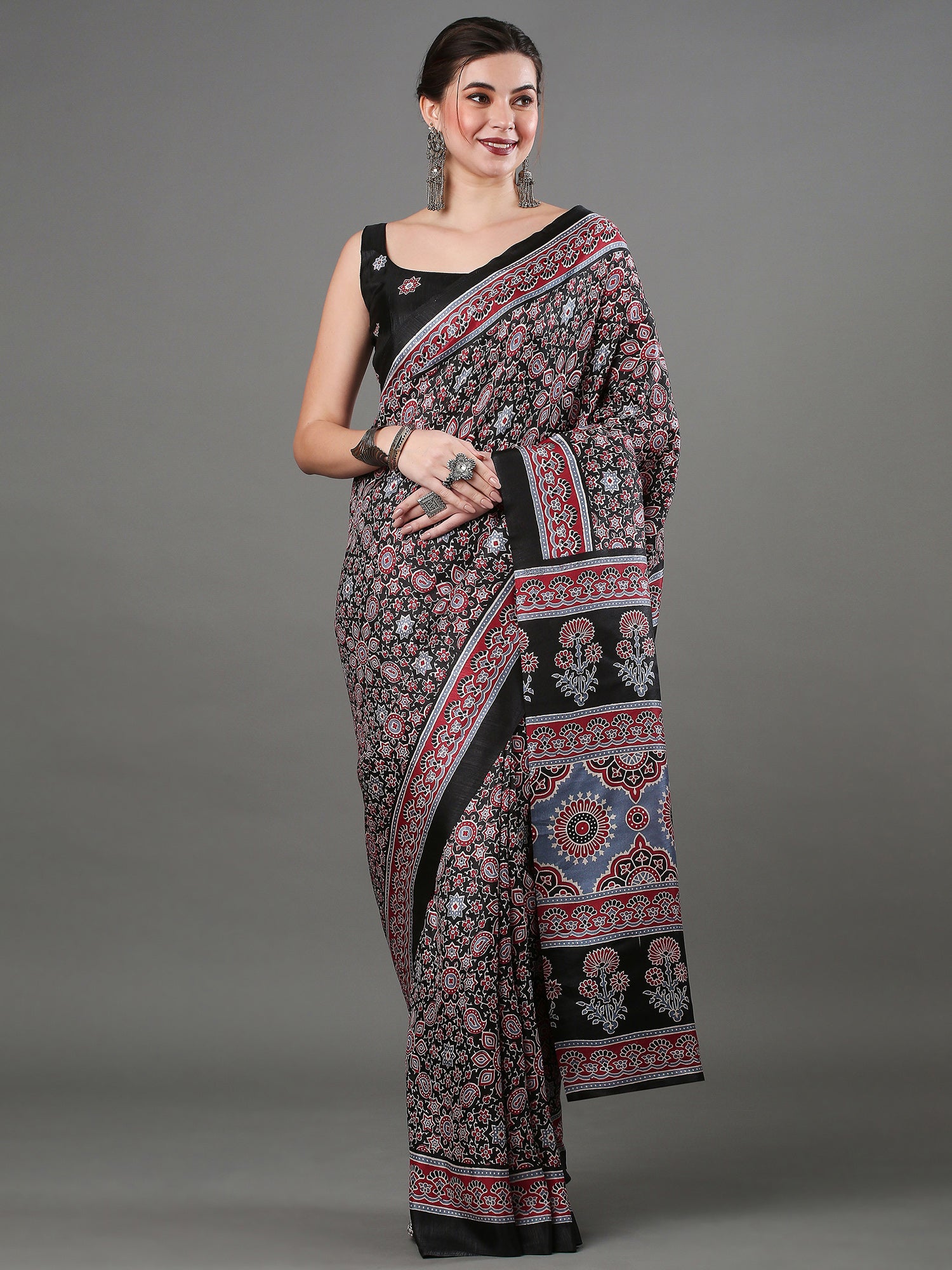 Women's Dola Silk Ajrakh Print Designer Saree with Unstitched Blouse  - Black