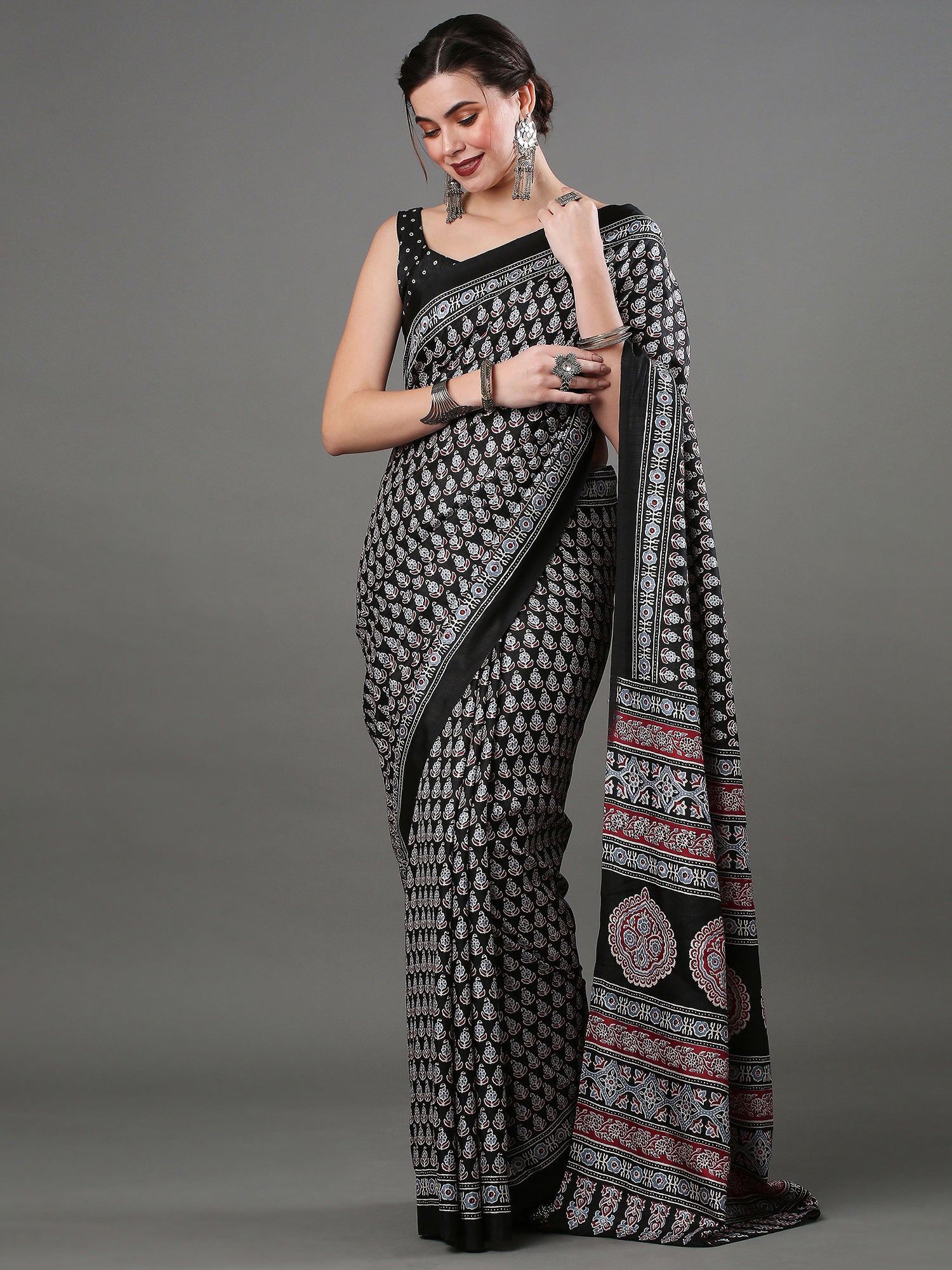 Women's Dola Silk Ajrakh Print Designer Saree with Unstitched Blouse - Black/Charcoal