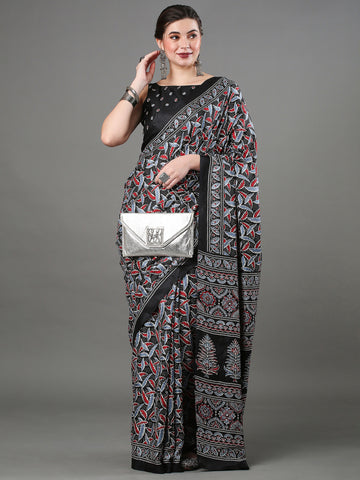 Women's Dola Silk Ajrakh Print Designer Saree With Unstitched Blouse - Black/Raven