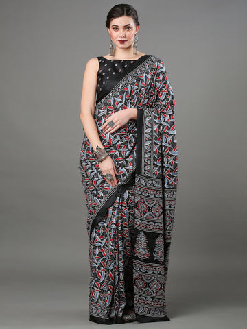 Women's Dola Silk Ajrakh Print Designer Saree With Unstitched Blouse - Black/Raven