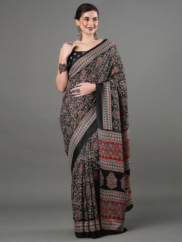 Women's Dola Silk Ajrakh Print Designer Saree with Unstitched Blouse - Black/Asphalt