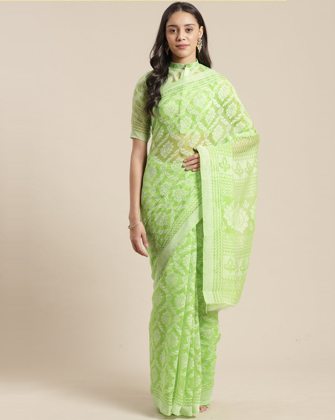 Women's Brasso Digital Printed Designer Saree with Unstitched Blouse - Green