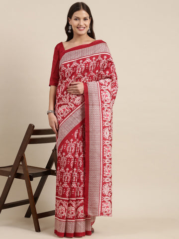 Women's Bhagalpuri Silk Printed Saree With Unstitched Blouse - Red