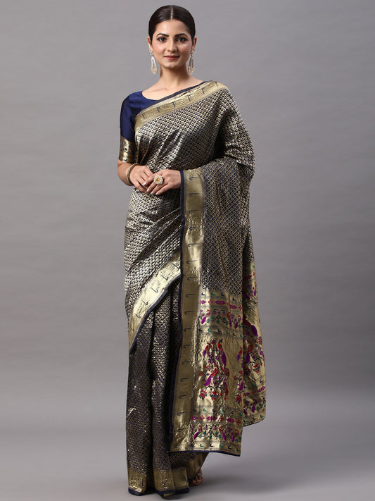 Women's Silk Saree With Unstitched Blouse - Black