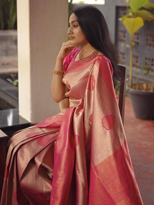 Women's Soft Silk Banarasi Saree With Unstitched Blouse - Peach