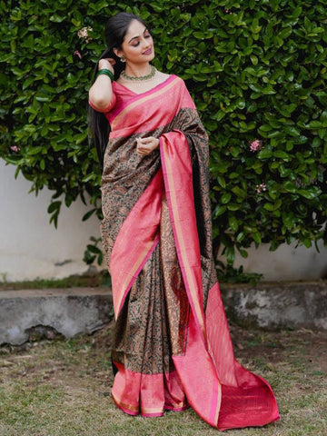 Women's Soft Silk Banarasi Saree With Unstitched Blouse - Pink