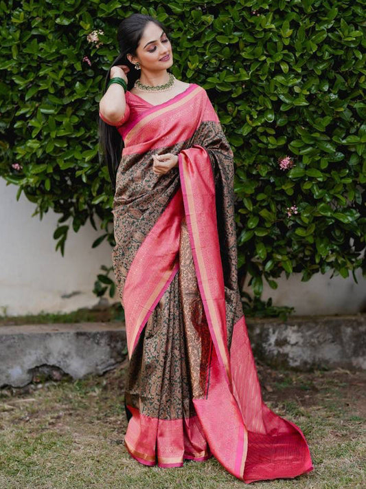 Women's Soft Silk Banarasi Saree With Unstitched Blouse - Peach