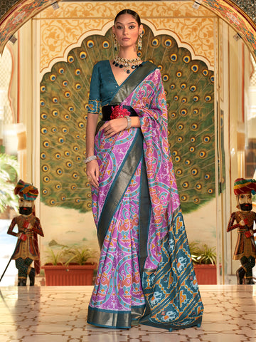 Women's Patola Silk Saree With Unstitched Blouse  - Purple