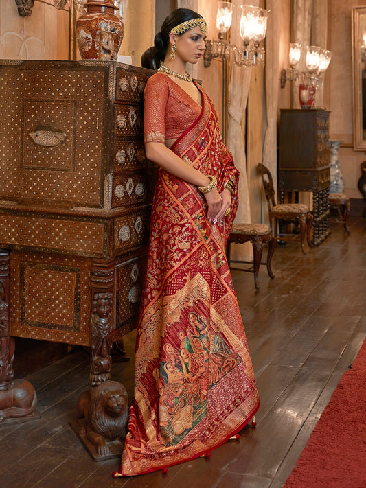 Women’s Floral Digital Printed Silk Saree With Unstitched Blouse - Red