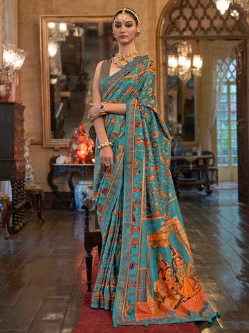 Women’s Floral Digital Printed Silk Saree With Unstitched Blouse - Blue