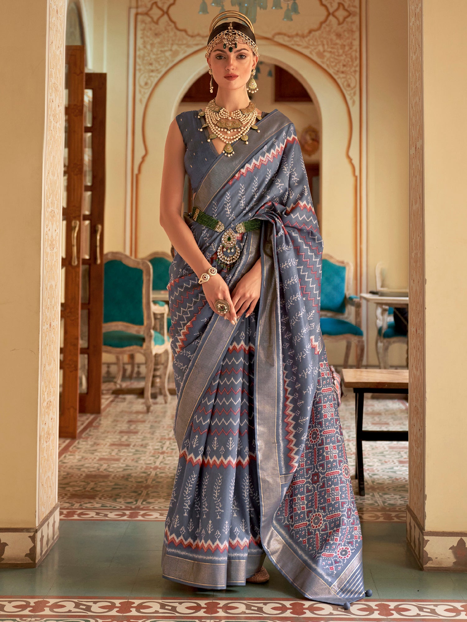 Women's Patola Silk Saree With Unstitched Blouse - Grey