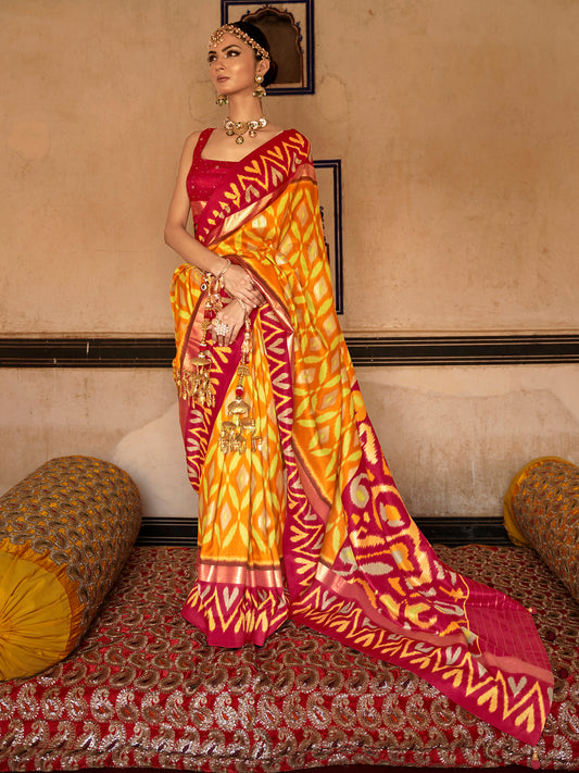 Women's Ikat Print Silk Saree With Unstitched Blouse - Yellow