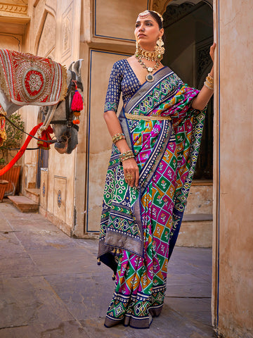 Women's Patola Silk Saree With Unstitched Blouse - Blue