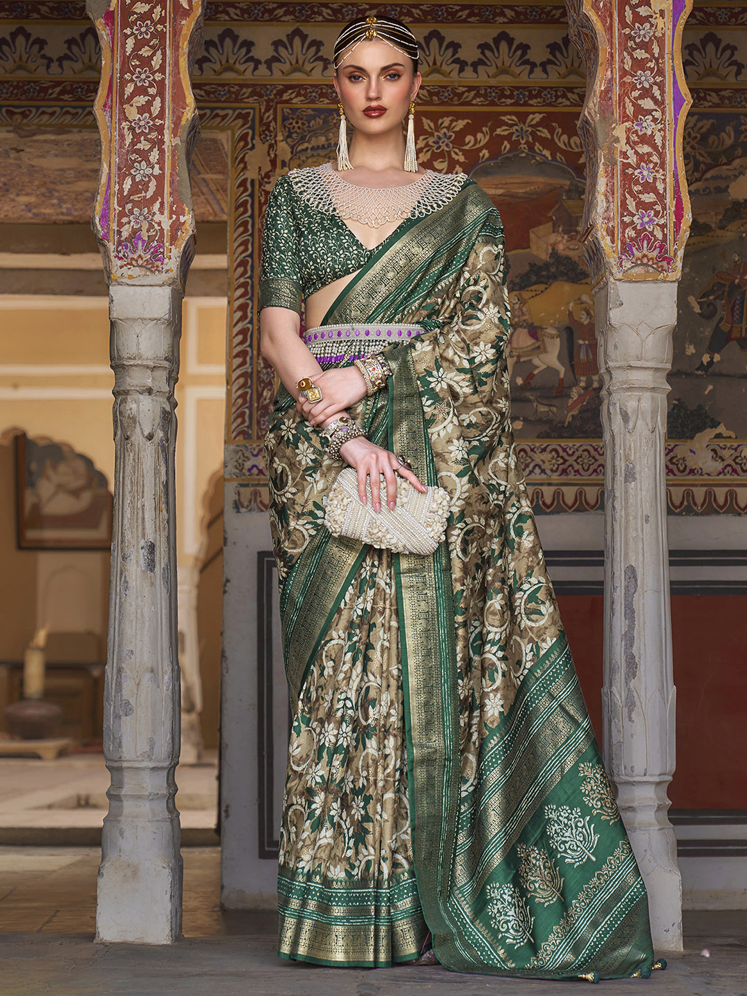 Women's Patola Soft Silk Saree With Unstitched Blouse  - Green