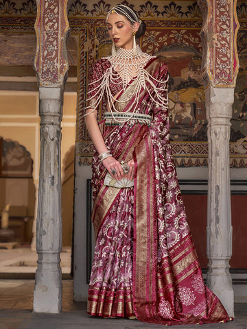 Women's Maroon Printed Patola Silk Saree With Unstitched Blouse - Maroon