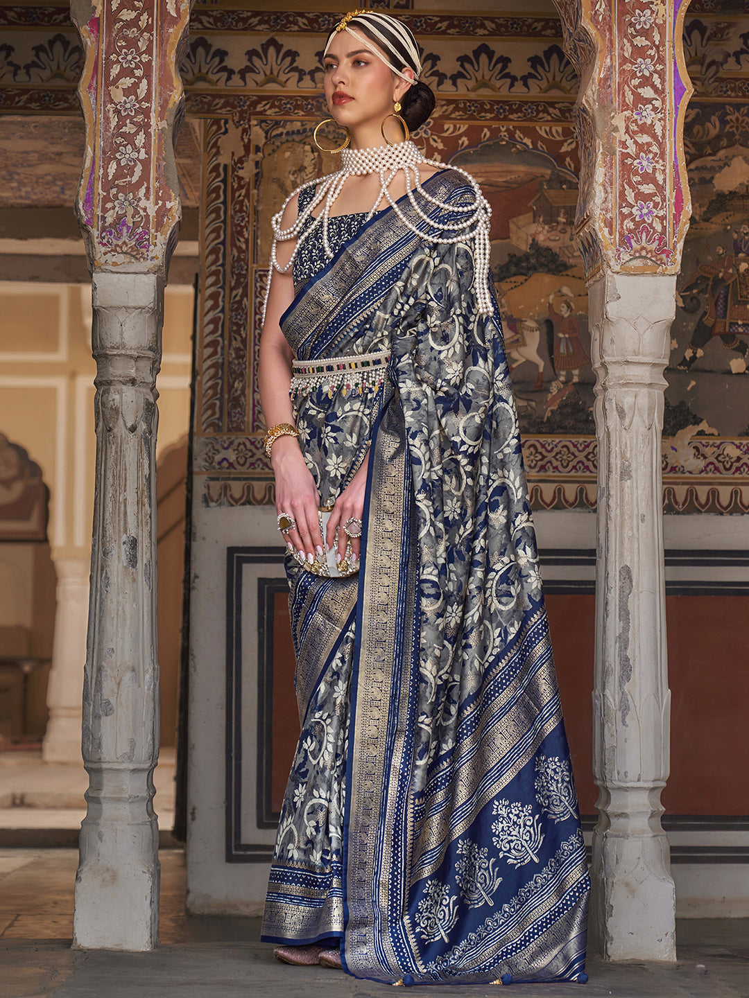 Women's  Patola Soft Silk Saree With Unstitched Blouse - Blue