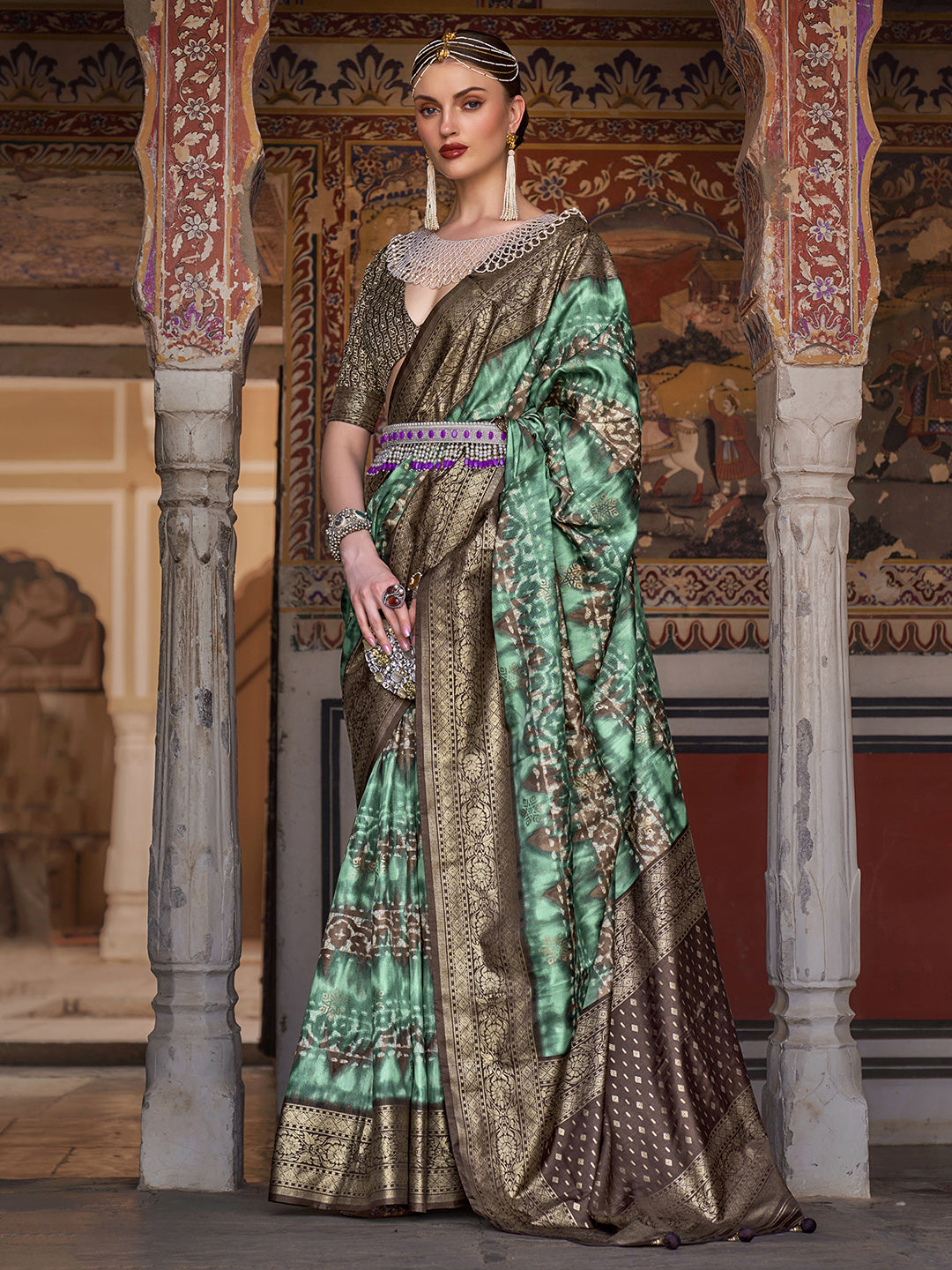 Women's Patola Soft Silk Saree With Unstitched Blouse - Light Green