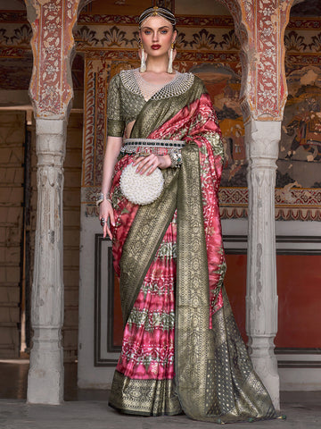 Women's Printed Patola Silk Saree With Unstitched Blouse - Light Pink