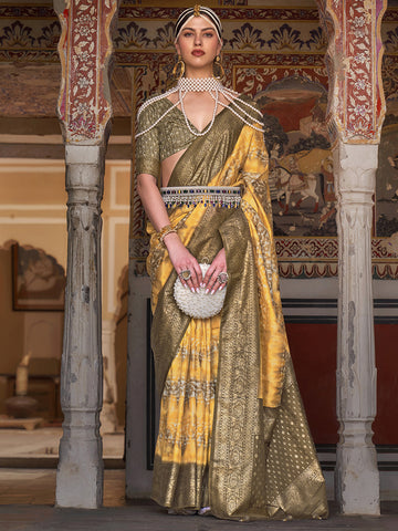 Women's Patola soft Silk Saree With Unstitched Blouse - Yellow