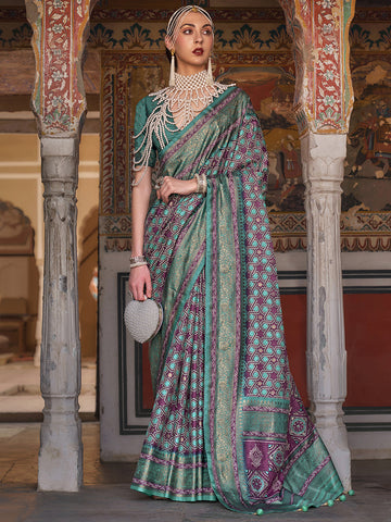 Women's Teal Printed Patola Silk Saree With Unstitched Blouse - Teal