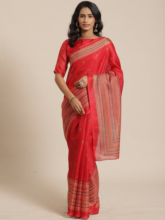 Women's Jute  Silk Saree With Unstitched Blouse - Red