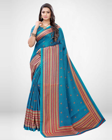 Women's Jute  Silk Saree With Unstitched Blouse - Blue