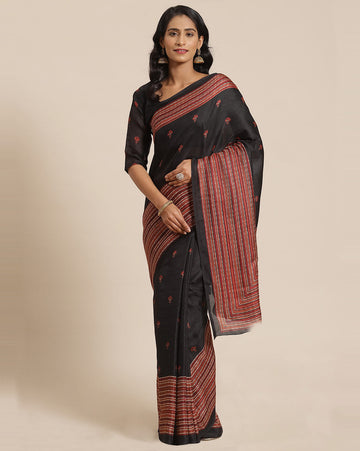 Women's Jute  Silk Saree With Unstitched Blouse - Black