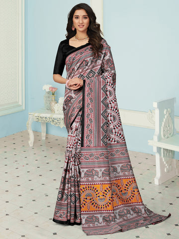 Women's Bhagalpuri Silk Saree With Unstitched Blouse - Grey