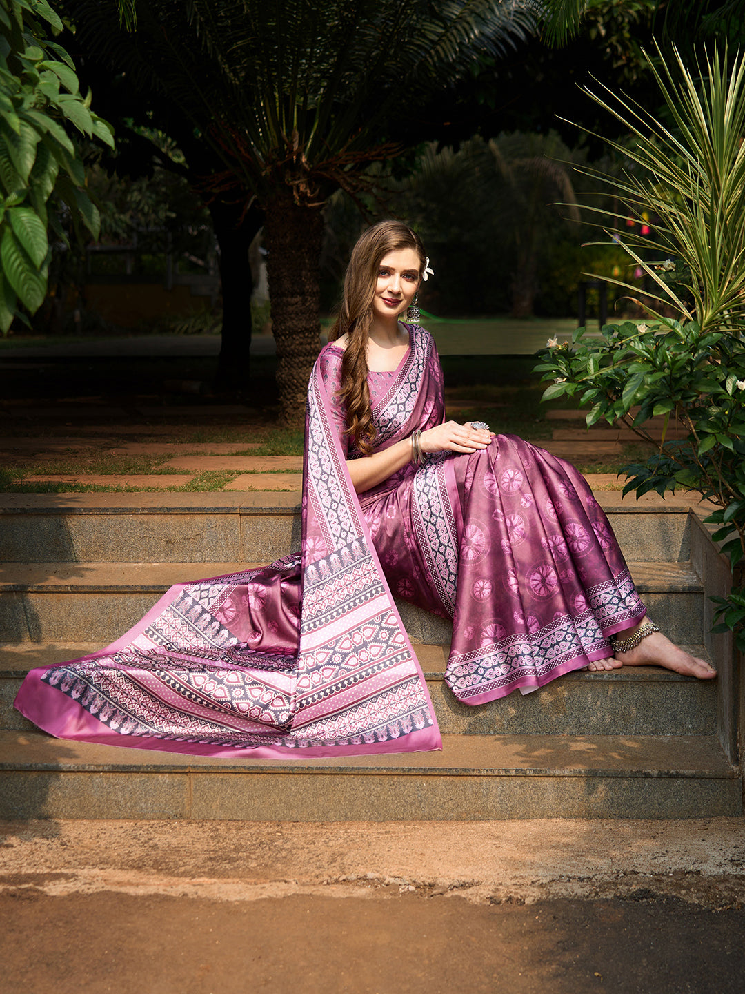 Women's Crepe  Ajrakh Print Designer Saree with Unstitched Blouse - Mauve