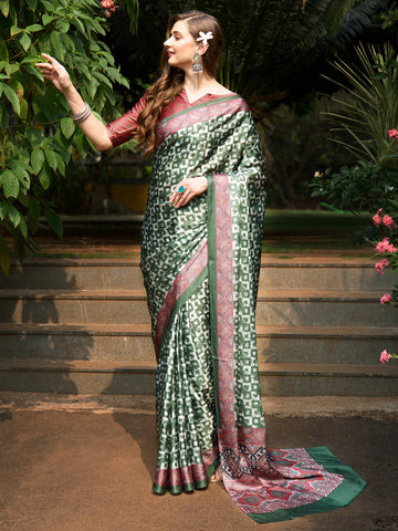 Women's Crepe Ajrakh Print Designer Saree with Unstitched Blouse - Green