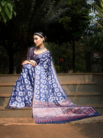 Women's Crepe Ajrakh Print Designer Saree with Unstitched Blouse - Navy Blue