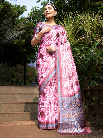 Women's Crepe Ajrakh Print Designer Saree with Unstitched Blouse - Pink