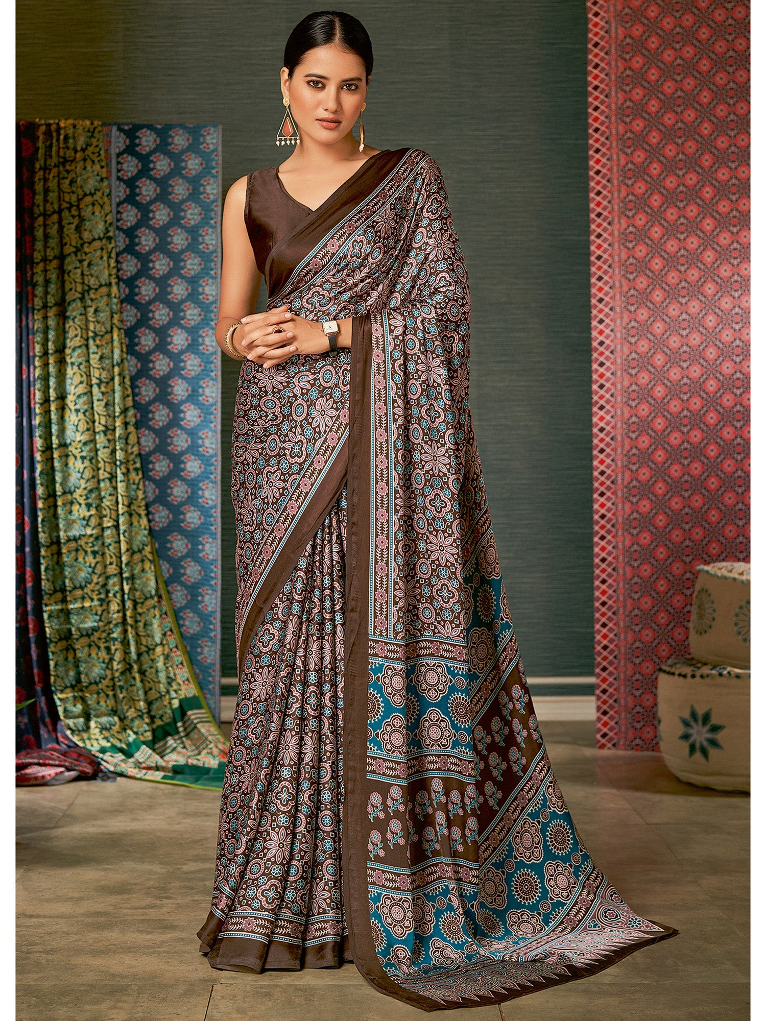 Women's Crepe Ajrakh Print Designer Saree with Unstitched Blouse - Brown