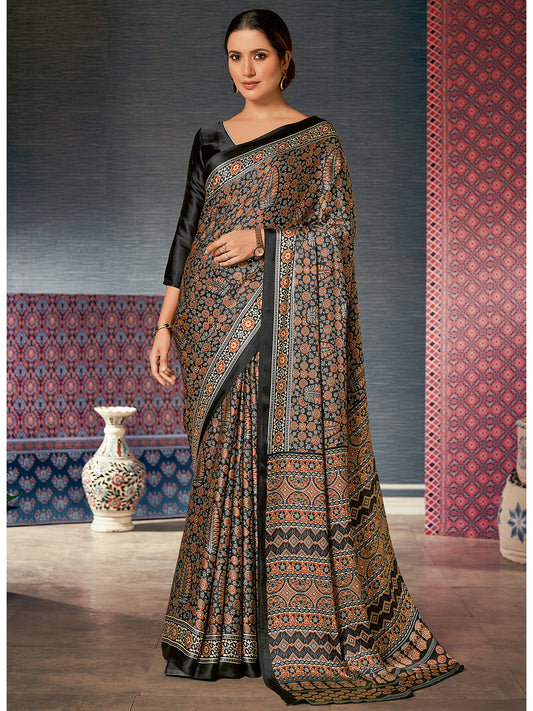 Women's Crepe  Ajrakh Print Designer Saree with Unstitched Blouse  - Black