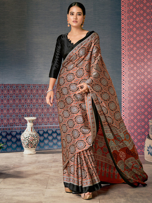 Women's Crepe Ajrakh Print Designer Saree with Unstitched Blouse - Bronze