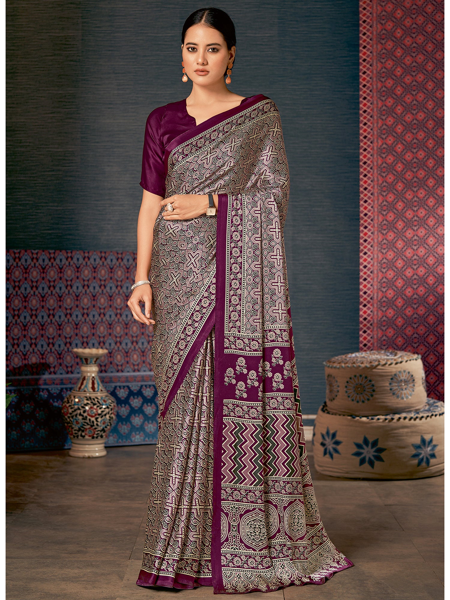 Women's Crepe Ajrakh Print Designer Saree with Unstitched Blouse - Purple