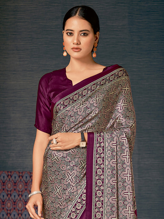 Women's Crepe Ajrakh Print Designer Saree with Unstitched Blouse - Purple