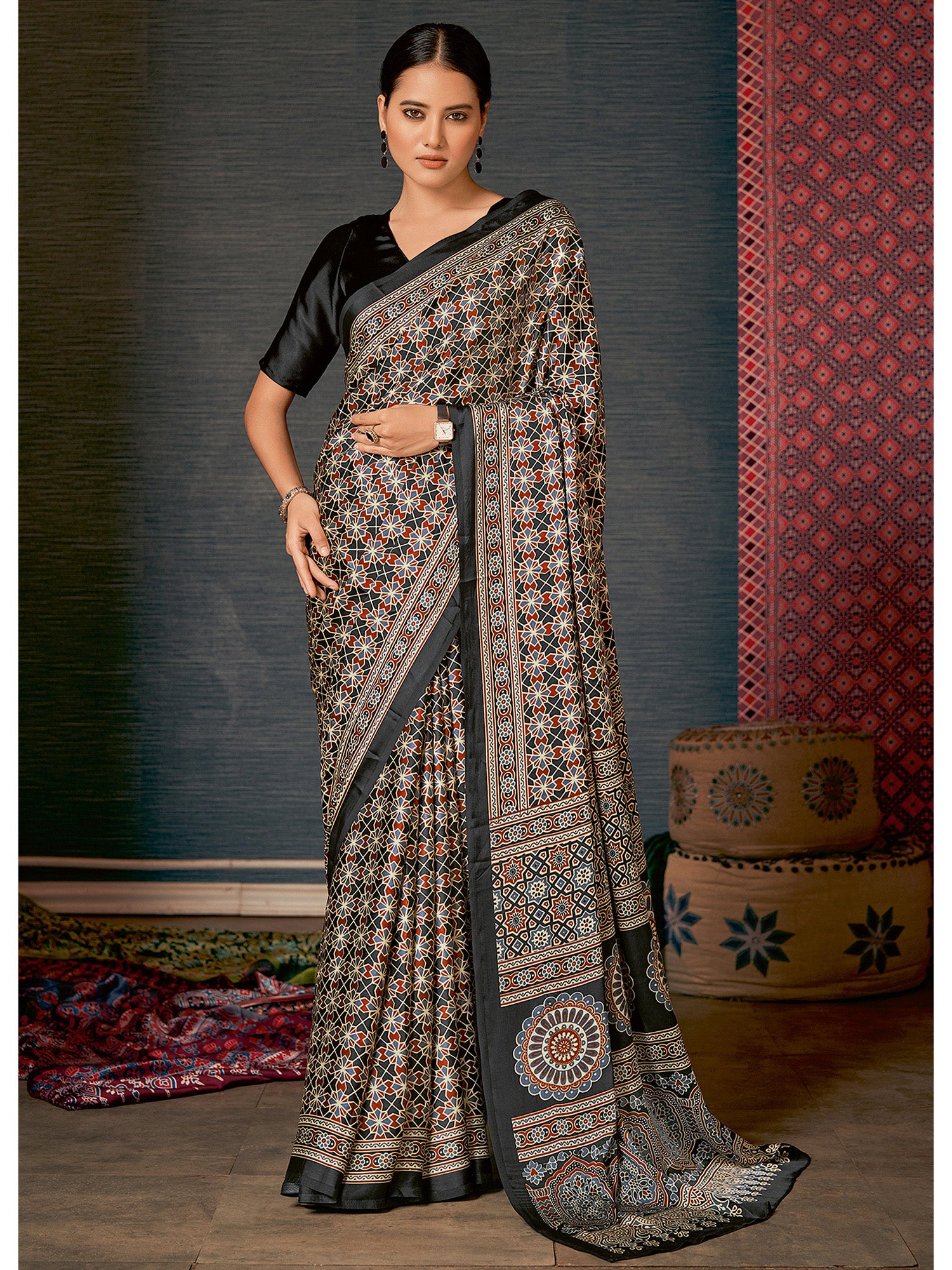 Women's Crepe Ajrakh Print Designer Saree with Unstitched Blouse - Charcoal