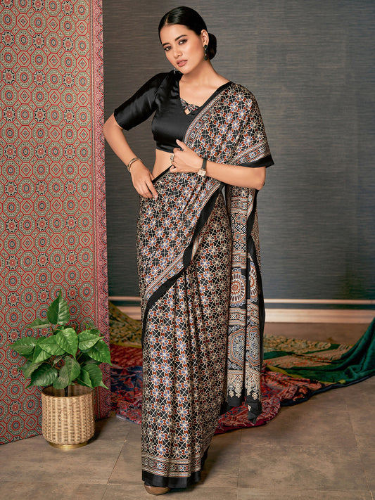 Women's Crepe Ajrakh Print Designer Saree with Unstitched Blouse - Charcoal