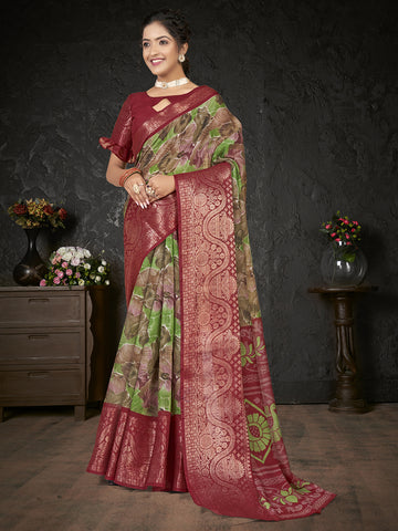 Women's Cotton Floral Print Saree With Unstitched Blouse - Green