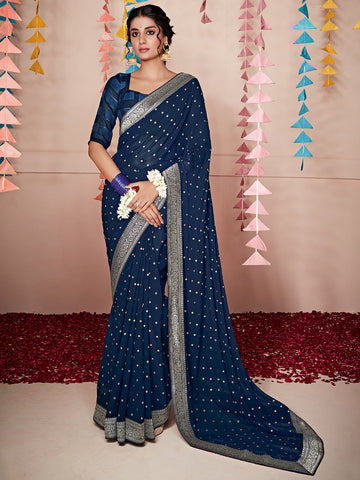 Women's Georgette Olive Digital Printed Saree with Unstitched Blouse - Blue