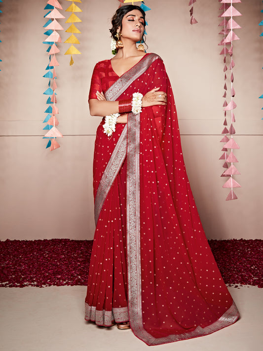 Women's Georgette Olive Digital Printed Saree with Unstitched Blouse - Red