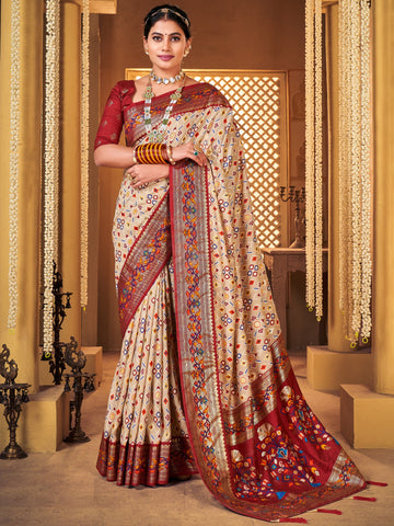 Women's Ikat Print Silk Saree With Unstitched Blouse - Cream