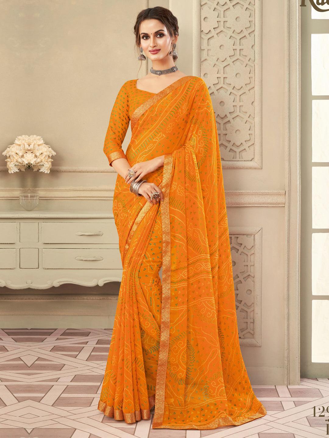 Women's Bandhani Printed Saree With Unstitched Blouse - Yellow