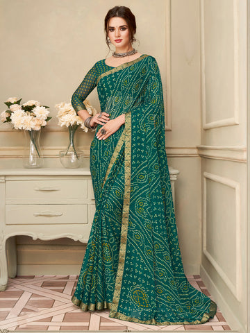 Women's  Bandhani Printed Saree With Unstitched Blouse - Dark Green